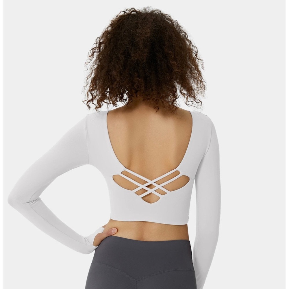 White Long Sleeve Crop Top with Back Straps